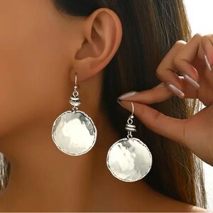 Silver Hammered Disc Drop Earrings - Women Jewelry
